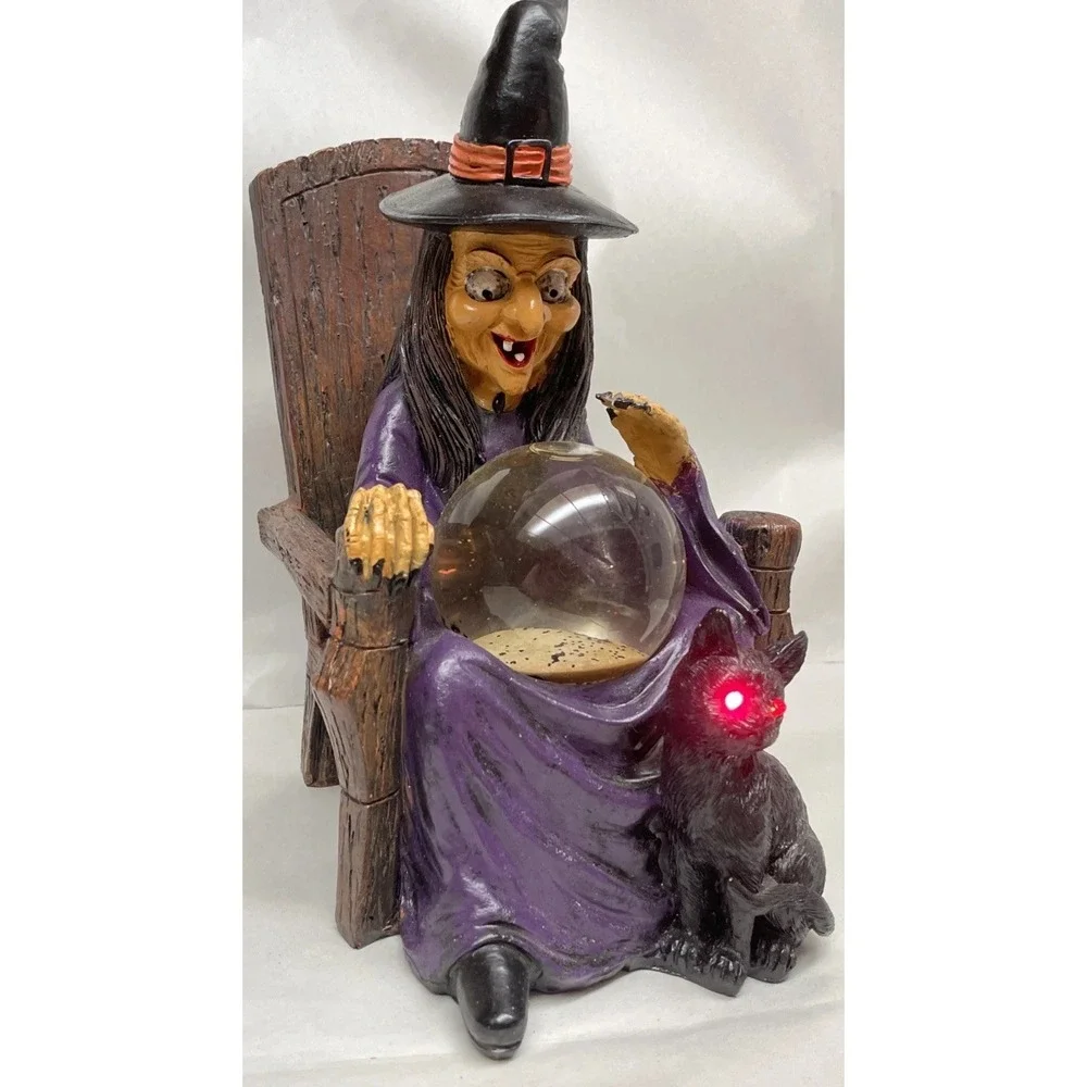 Halloween Witch with Crystal Ball, LIGHT UP Black Cat Eyes Tabletop Decor